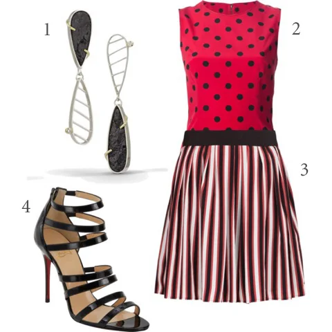 1/ DANIELLE MILLER Asymmetrical Earring . 2/ DOLCE & GABBANA polka dot tank top . 3/ MANGO Striped skater skirt . 4/ Christian Louboutin Strappy Sandals