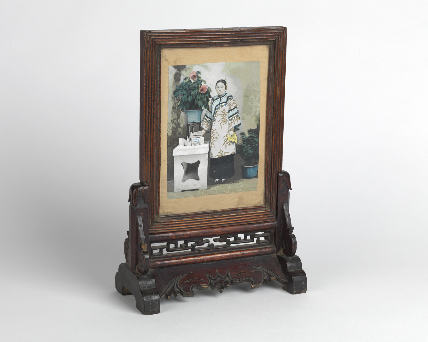    Period Chinese altar piece with hand-tinted portrait of a woman with bound feet.&nbsp; 1890s   