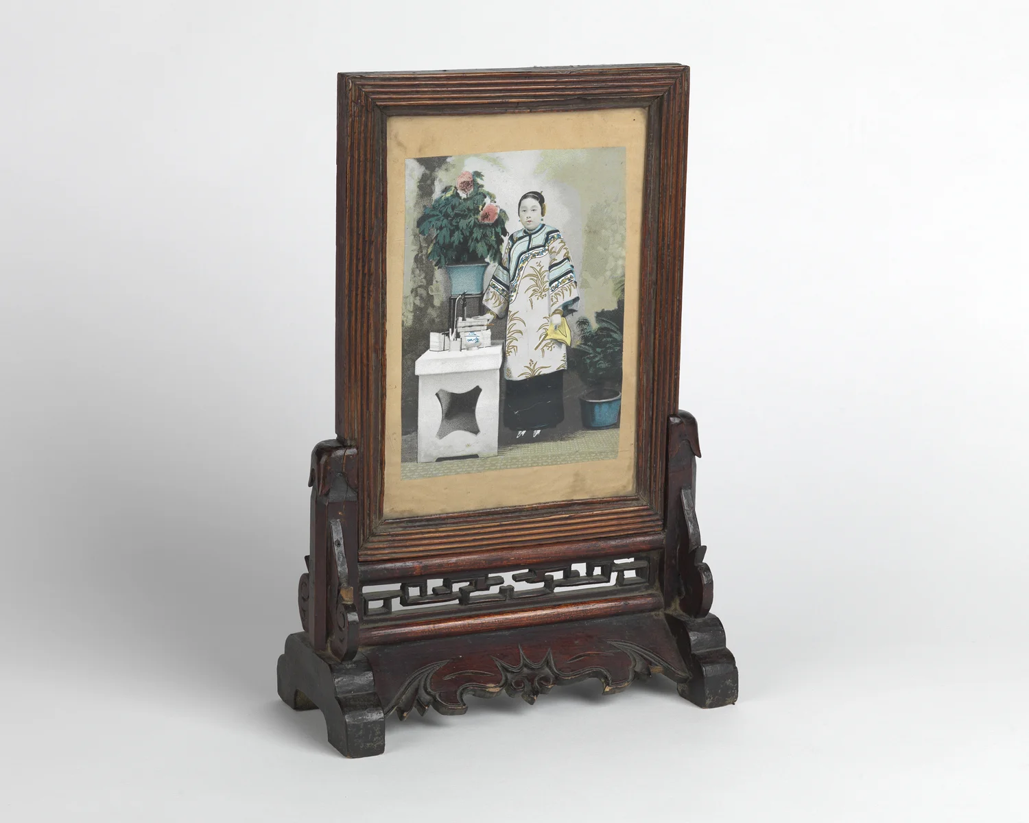 Period Chinese altar piece with hand-tinted portrait of a woman with bound feet. 1890s