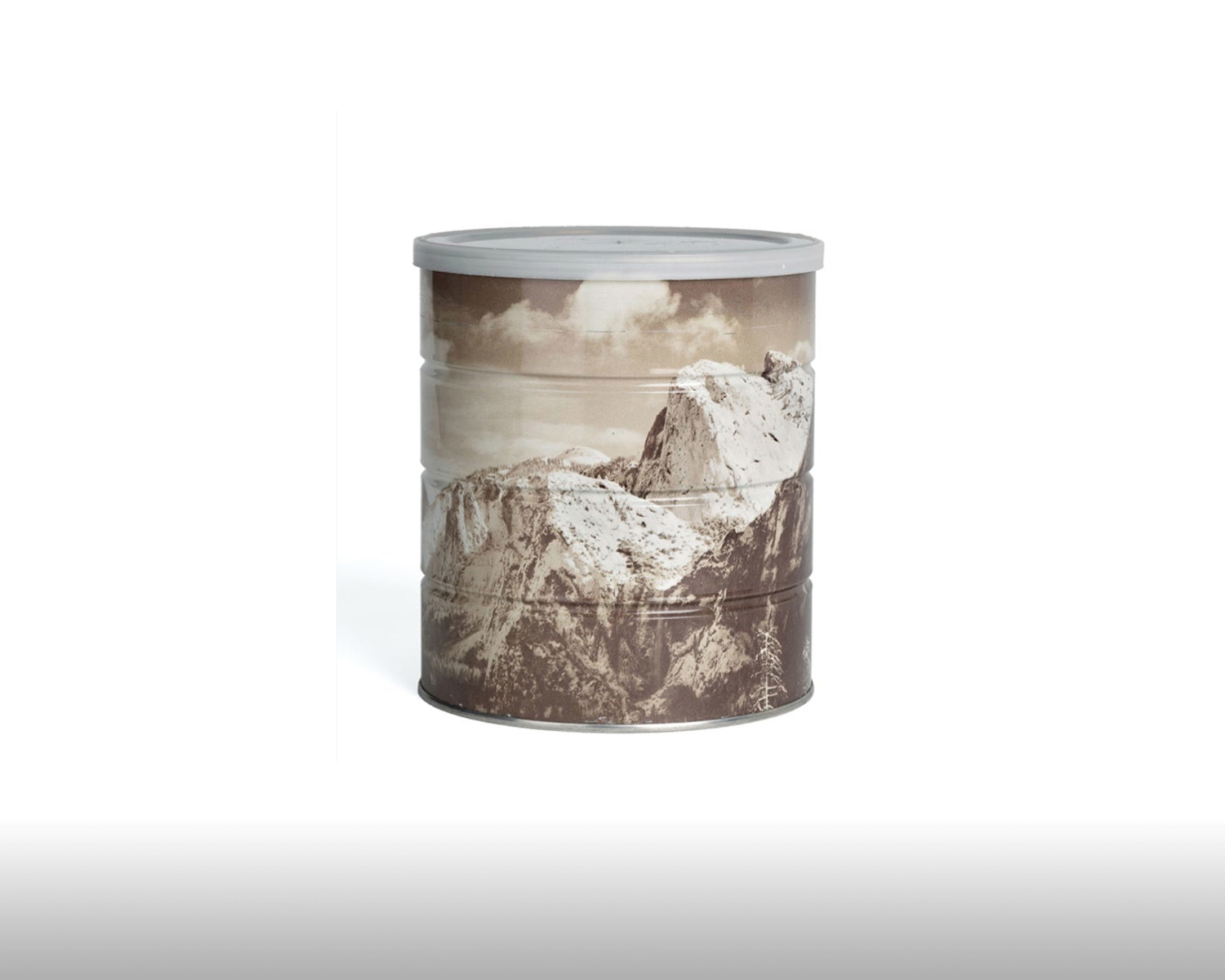   Ansel Adams: Hills Brothers&nbsp;coffee&nbsp;can with wraparound image of Yosemite. 1969  