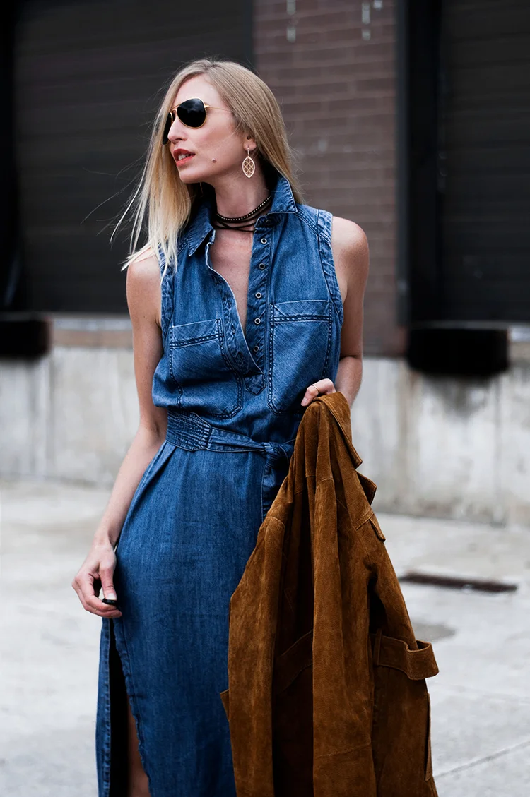 white christmas dresses Medium Wash Denim Maxi Dress - All Denim