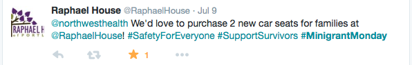 We'd love to purchase 2 new car seats for families at @RaphaelHouse #Safetyforeveryone #supportSurvivors #minigrantmonday"