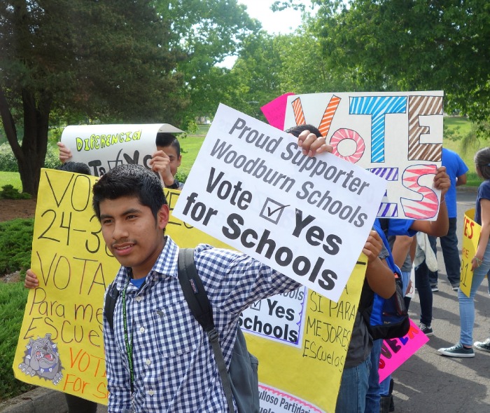 Group of youth at a rally, holding up posters.