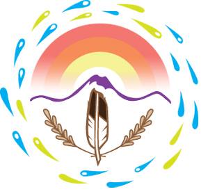 Drawing of a feather and wheat underneath a stylized mountain, surrounded by a circle of water drops.