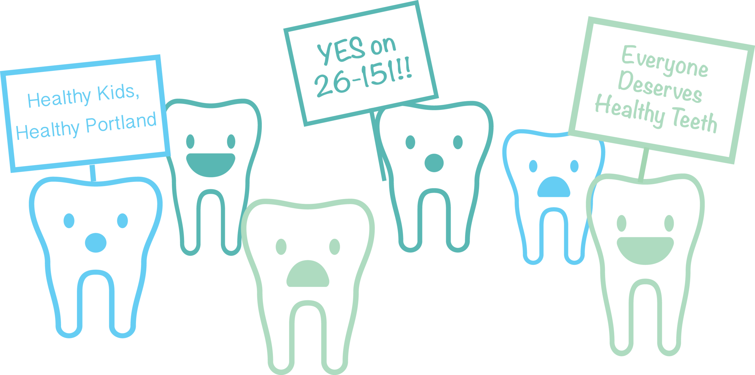 Cartoon teeth holding picket signs.