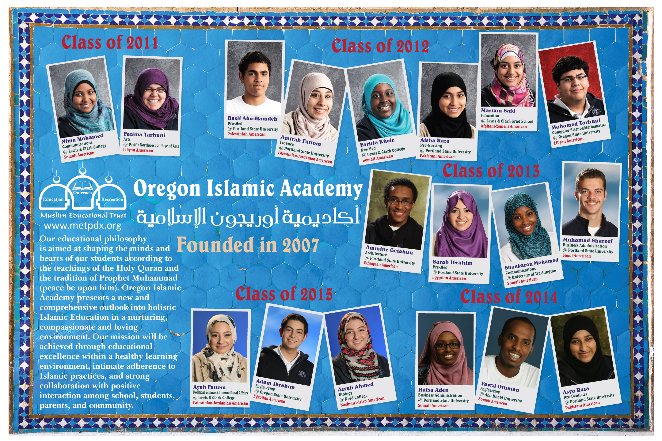 Photos of Oregon Islamic Academy alumni on a bright blue background.