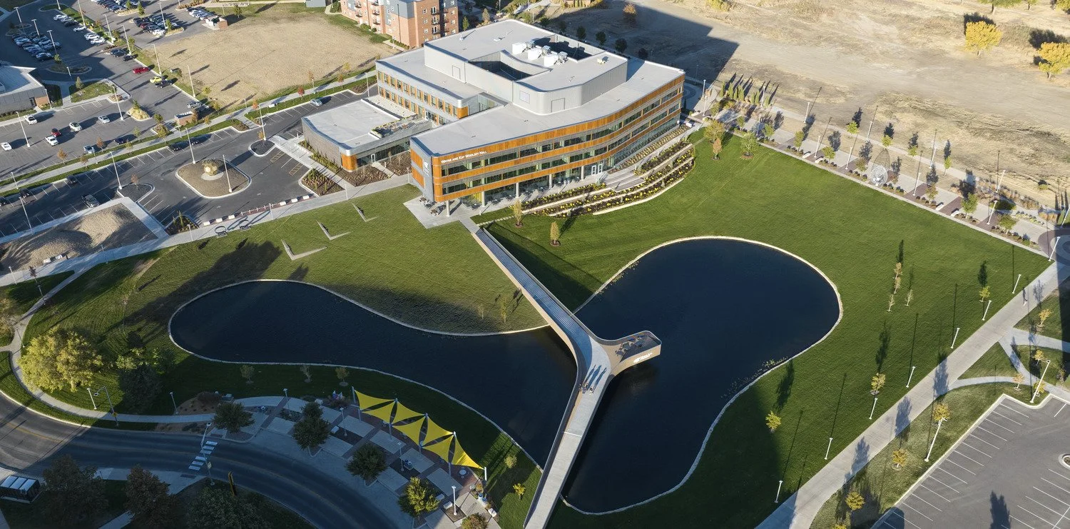Aerial view of the new building & bridge
