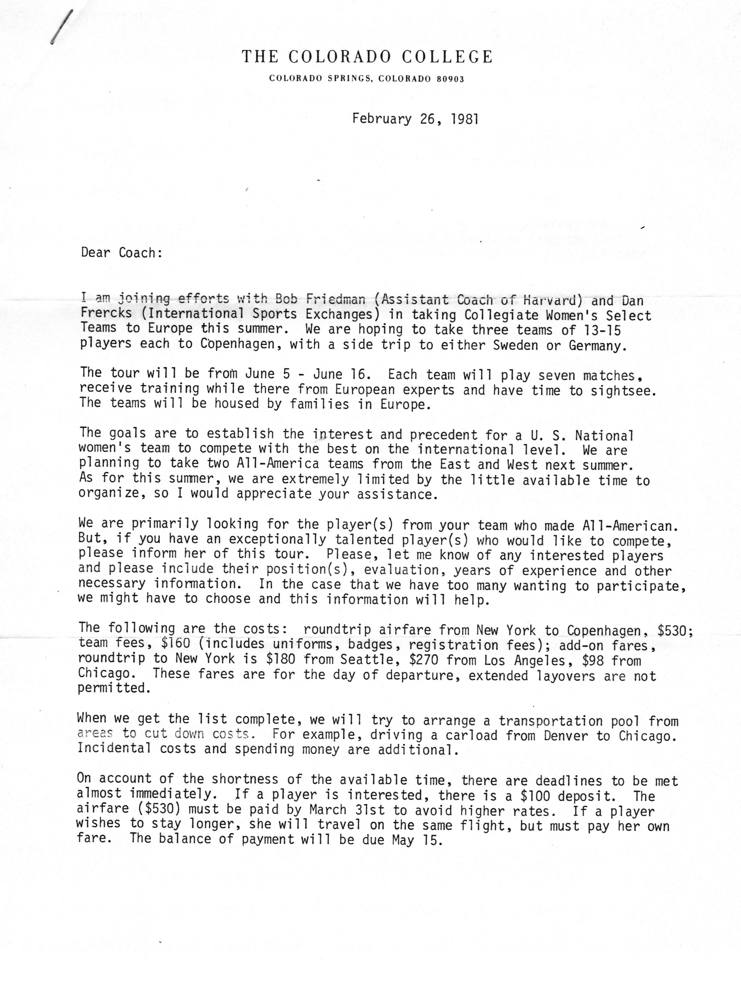 Colorado College Ltr - details on Europe Trip Feb 26, 1980 - Pg 1.jpeg