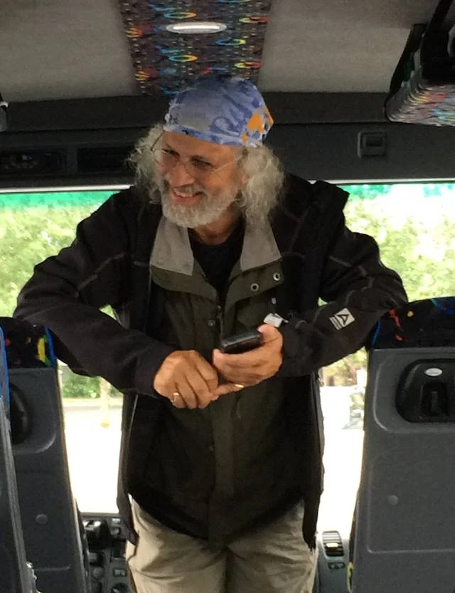 Tony "Captain Trips" Sweet briefing the group as the Magic Bus leaves Reykjavik for "seven days and no nights" in the field