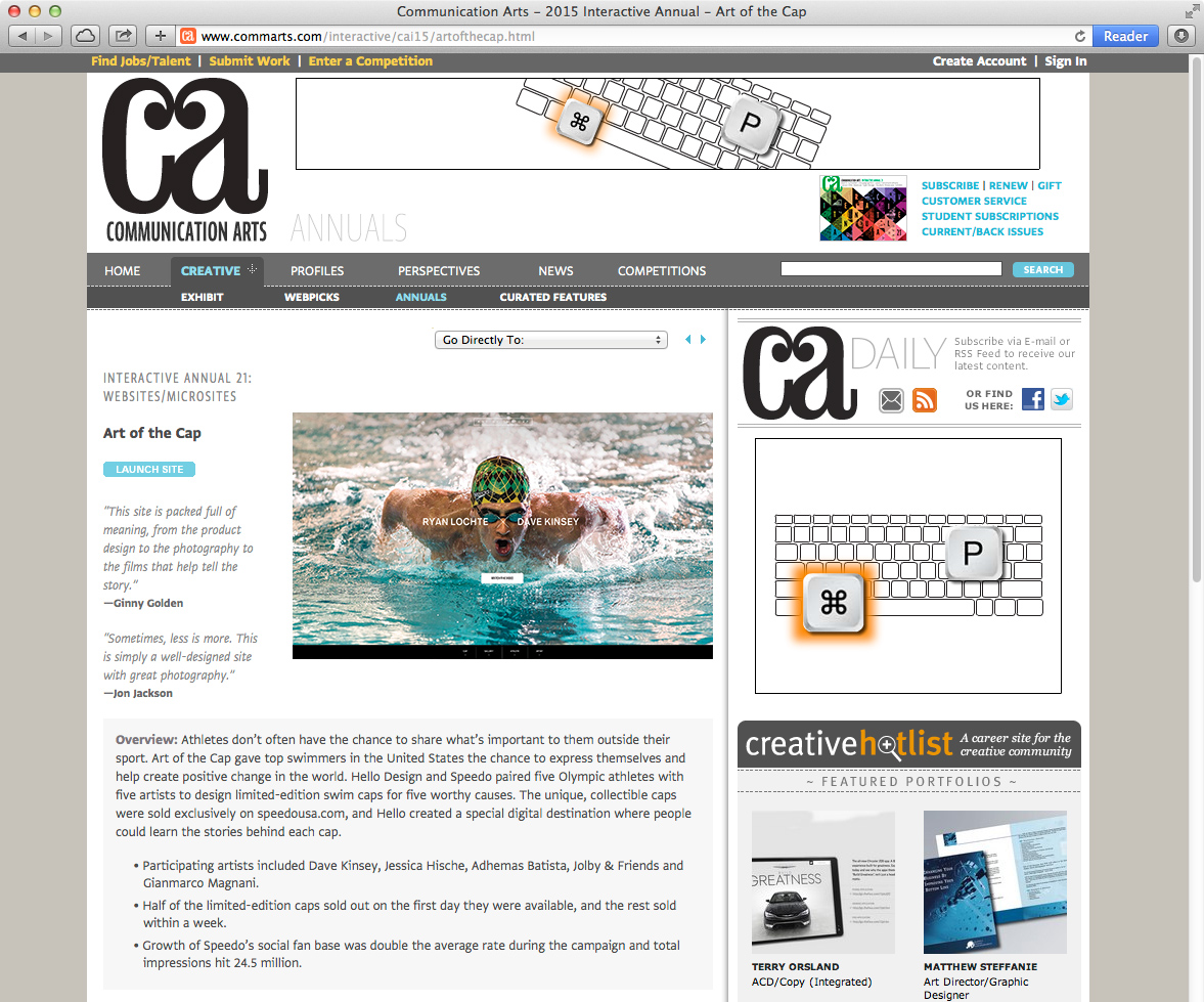 Communication Arts 2015 Interactive Annual Winner - Speedo Art of the Cap