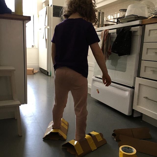 Skates turned into snow shoes. His idea. Not mine. I just helped with some construction. 
This is the epitome of me and him working well together. We are both creative and resourceful with materials. Aesthetics and function might suffer but we defini