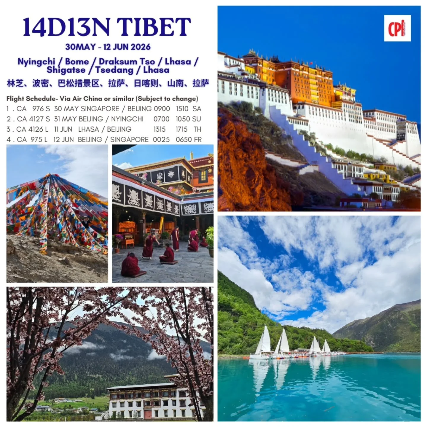 Join us 30May-12Jun 2026 to Tibet. Small group travel with limited slots. Contact us now for more info.

Package includes:
- Return economy airfare on Air China in NyingChi / out Lhasa 
- Day 1 Arrival transfer to airport hotel in Beijing
- 12 day