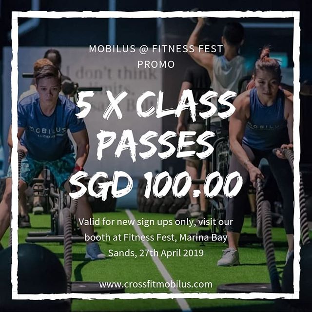 This Saturday we will be at Singapore's biggest fitness expo @fitnessfest.sg 💥
We are the event's Official CrossFit partner so of course you get to try out FREE CrossFit classes and more! .
Come by our booth to grab this 1 time off promo deal! 5 class passes at $100! (Terms and conditions apply)
.
See you at @fitnessfest.sg
April 27th
Marina Bay Sands
#crossfitmobilus #wearemobilus #crossfit #mobilusxfitnessfestsg #fitnessfestsg