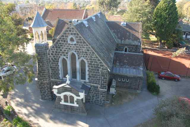 Aerial shot of the front of the church