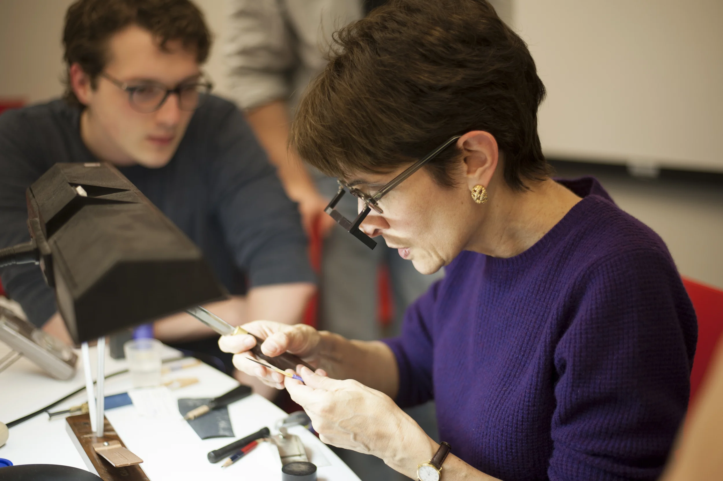 wearing her famous reed-making glasses; photo credit, Harrison Linsey