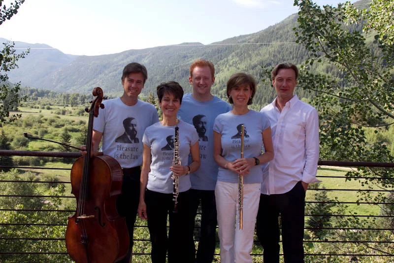 Pleasure is the Law: cellist Darrett Adkins, Elaine Douvas, pianist Steve Beck, and Nadine Asin flute, with conductor Christian Arming at Aspen (notice Debussy t-shirts and his quote)