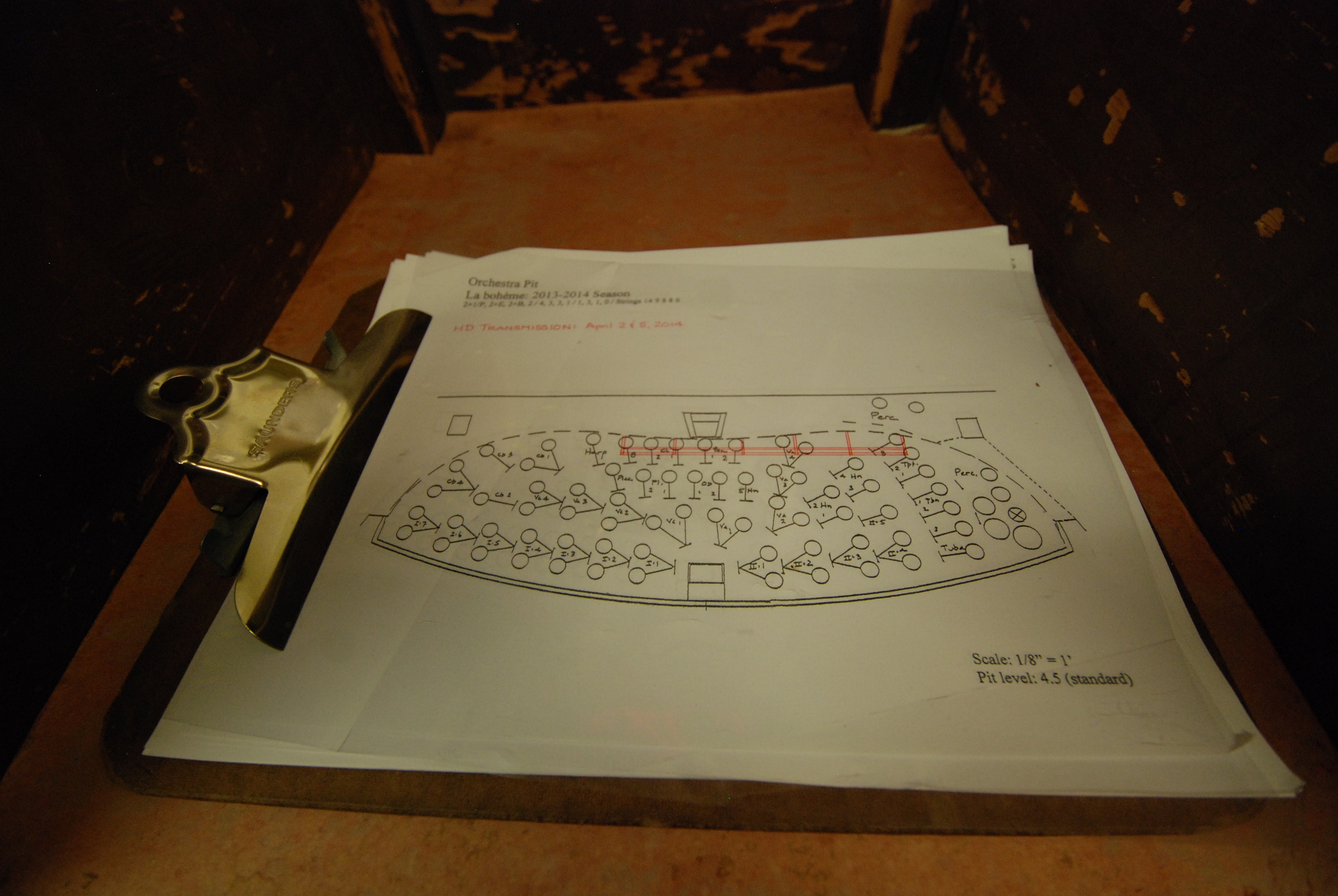 A drawn-to-scale graph of the pit setup for Puccini's La Bohème