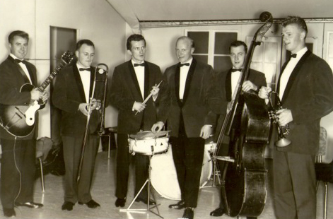 Höskuldur Stefánsson, third from right, and Làrus Sveinsson, far right, with their local band in the 1950s