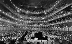 The old Metropolitan Opera House at 1411 Broadway, which occupied an entire block between West 39th and 40th Streets in the Garment District of Midtown Manhattan. The Met's first performances of Wozzeck took place here. The "old Met" closed on April 16, 1966, moving to its current location as part of Lincoln Center for the Performing Arts. Shown here, a recital by pianist Josef Hofmann in 1937. Photo, Wikipedia Commons. 