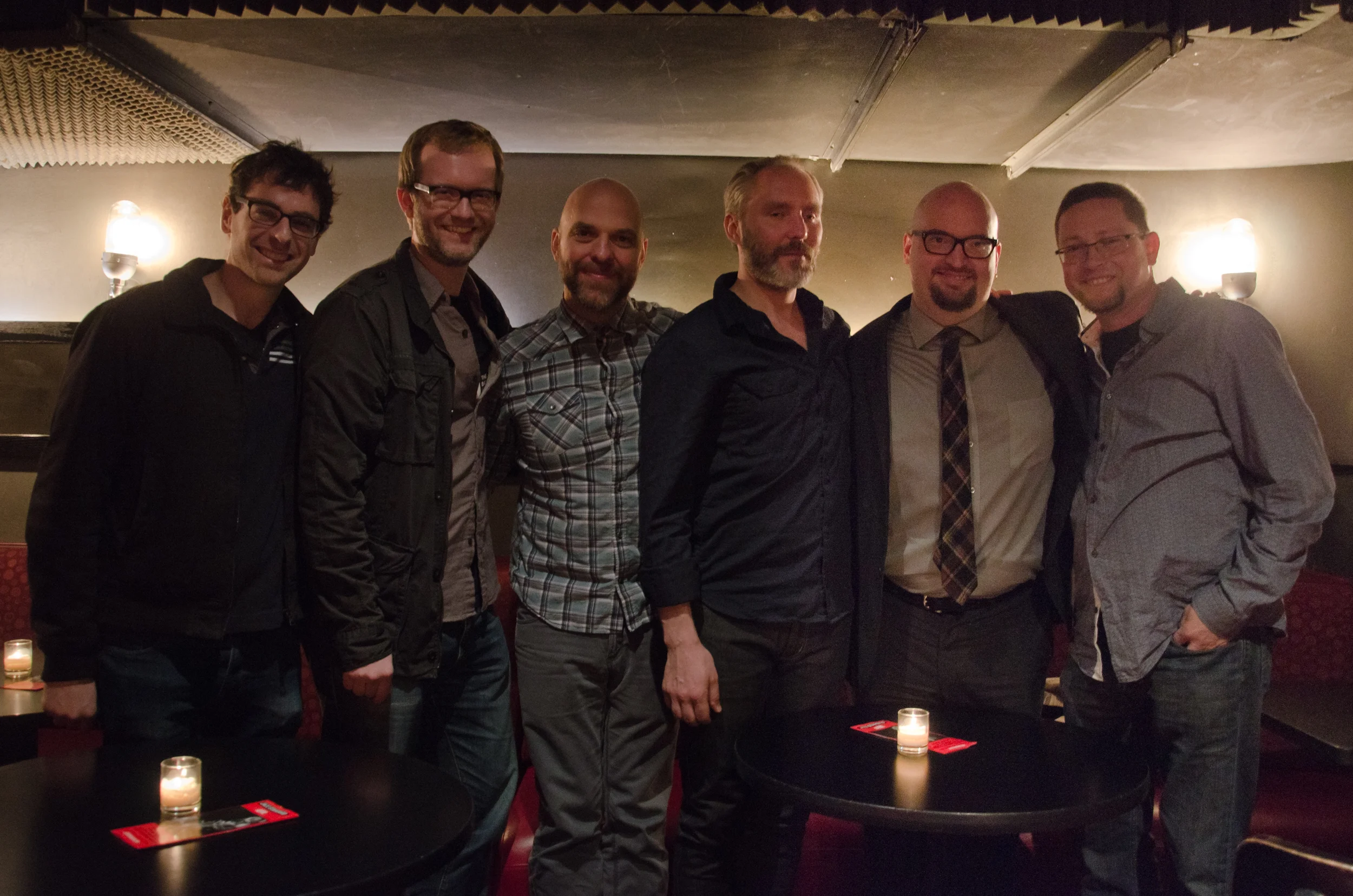 L to R: Rob Knopper, MET Orchestra percussionist; Jason Haaheim, MET Orchestra principal timpanist; Dave King, Bad Plus drummer; Reid Anderson, Bad Plus bassist; Ethan Iverson, Bad Plus pianist; Chris Hall, MET Orchestra tubist ( after a show at the Jazz Standard)