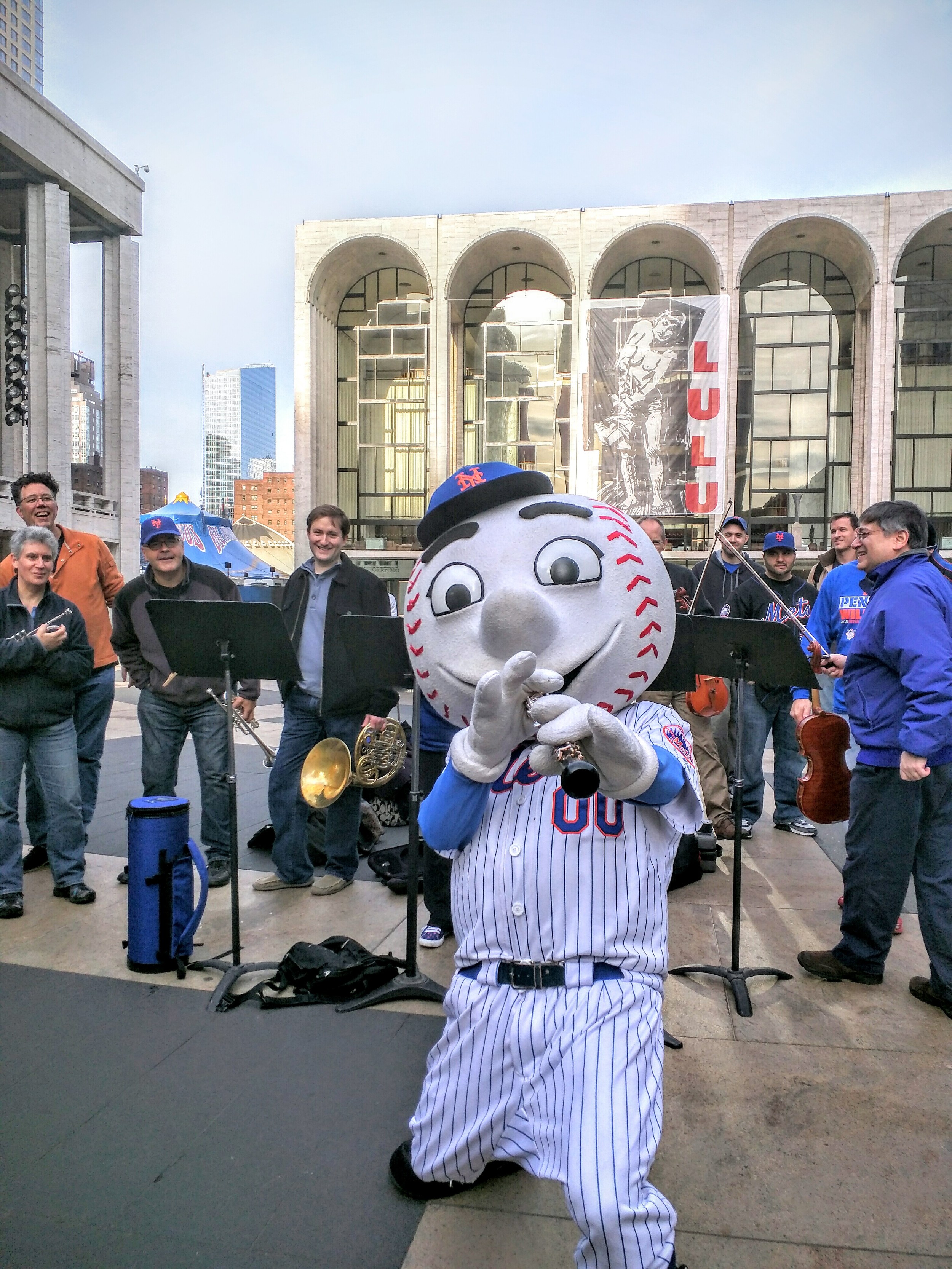 Mr. Met tries his hand at the oboe. Photo by Billy Hunter