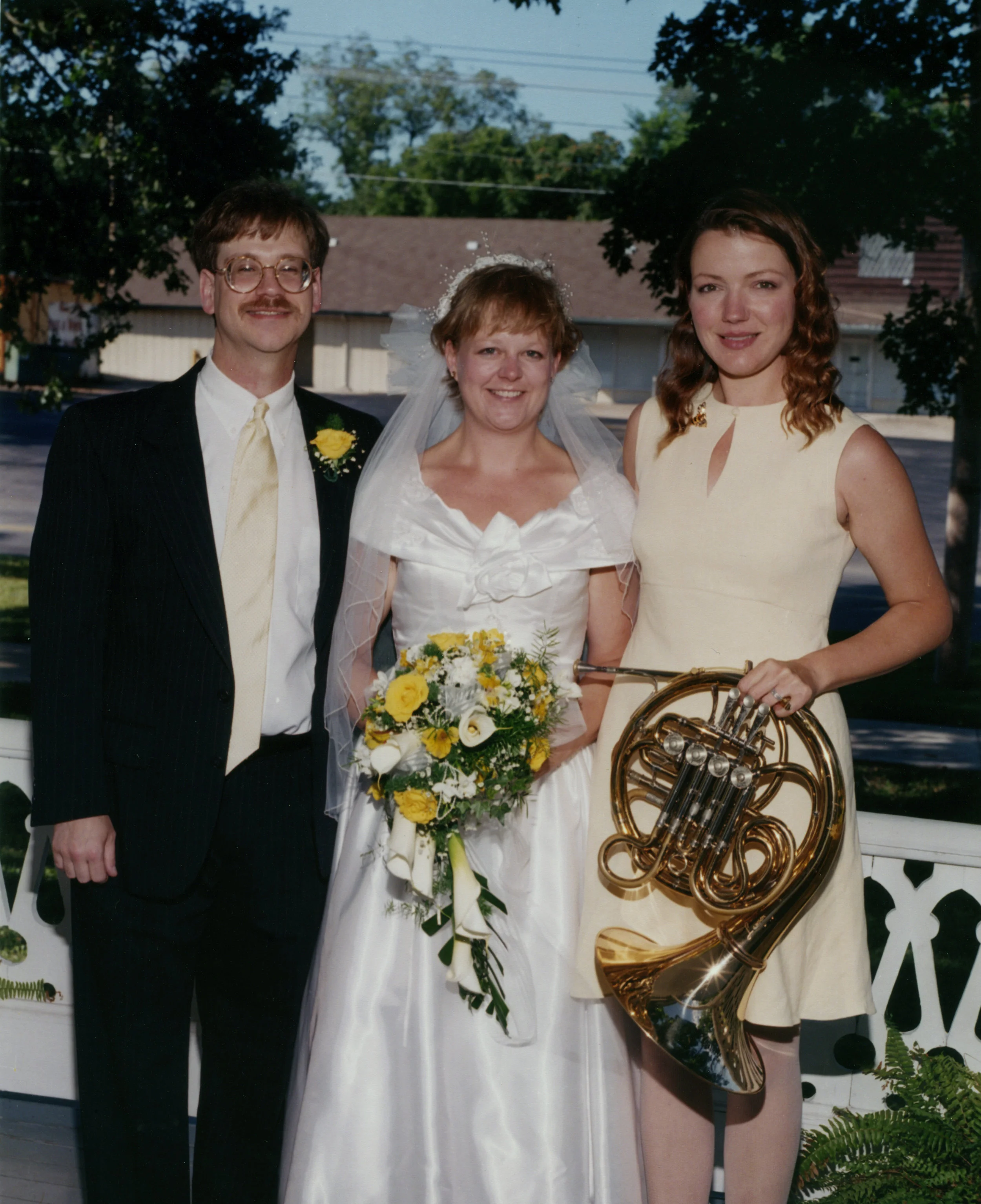Newlyweds Garry and Susan Spector with Maid of Honor Margaret Wilds. Among Ms. Wilds' numerous contributions to the festivities of the wedding day, she announced the couple’s arrival at the reception site with several renditions of Siegfried’s Long Call (at the couple’s request).