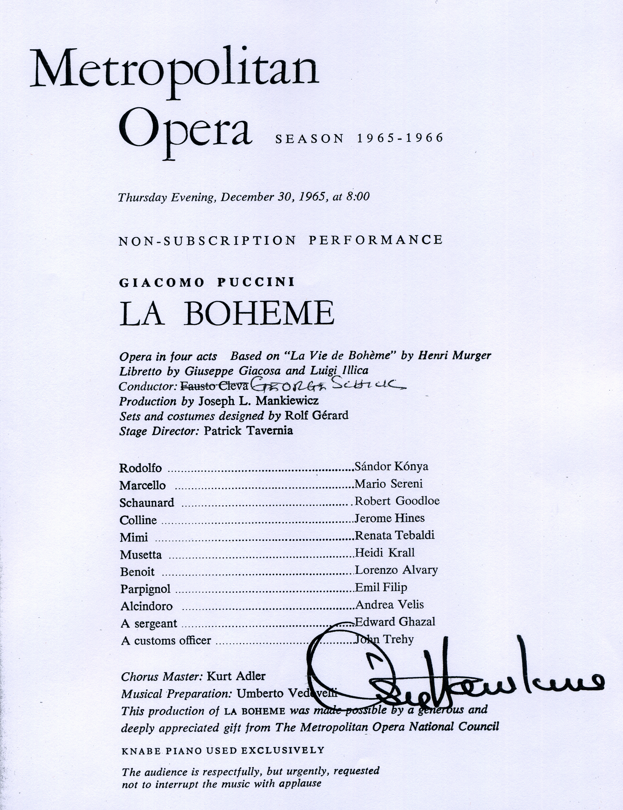 The cast list for La Bohème, December 30, 1965