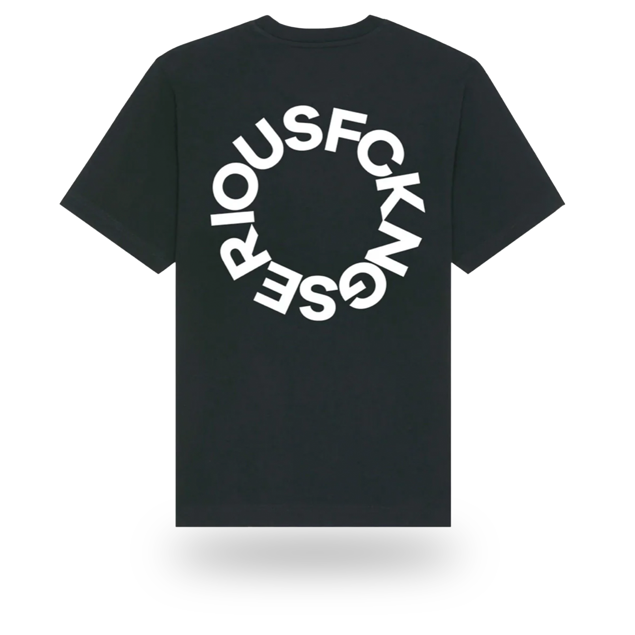 Black T-shirt with white circular text reading 'GERSHWINOUSEFCK' printed on the back.