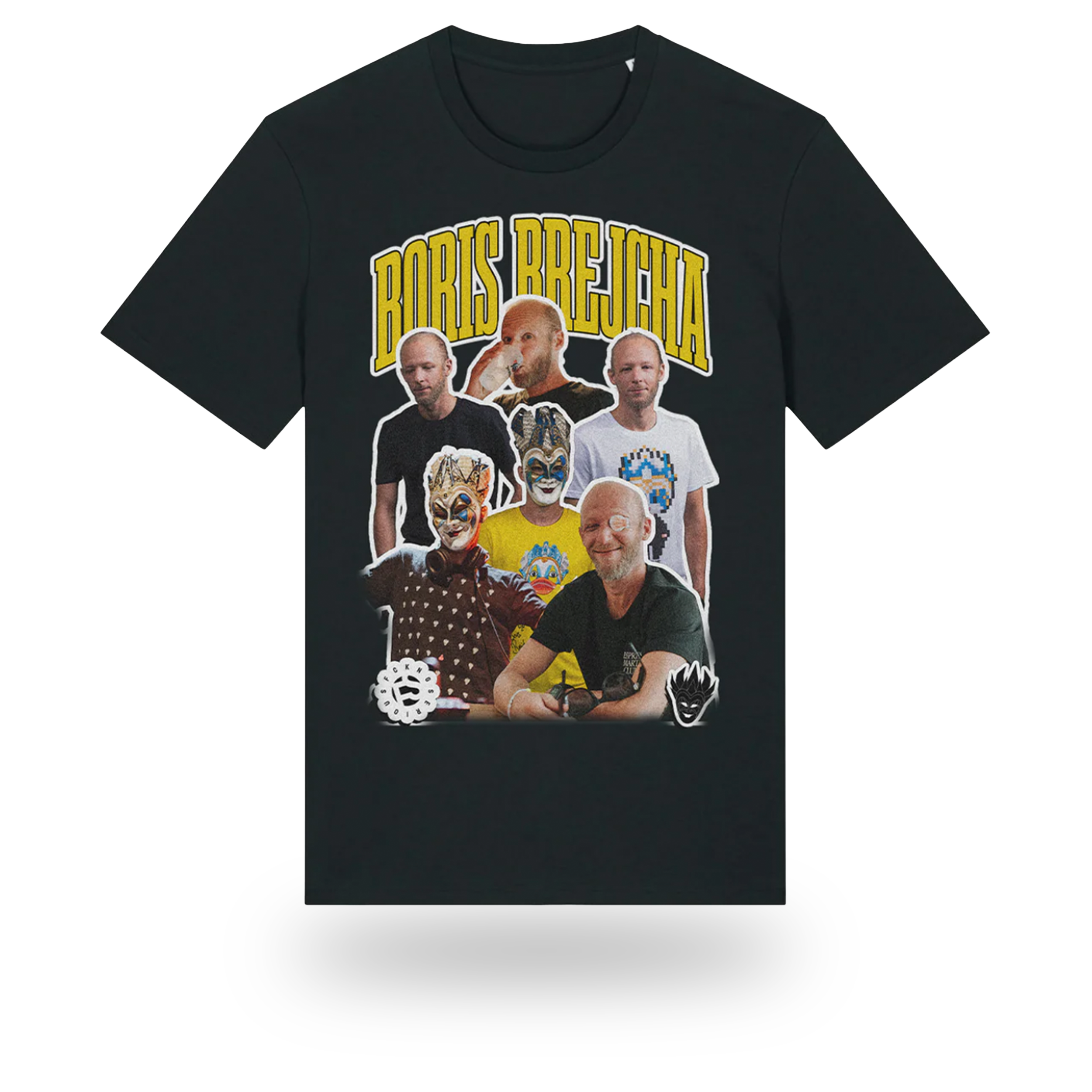 Black T-shirt featuring a collage of seven men, some with clown masks or makeup, and a large yellow text that reads 'Boris REICHA' at the top.