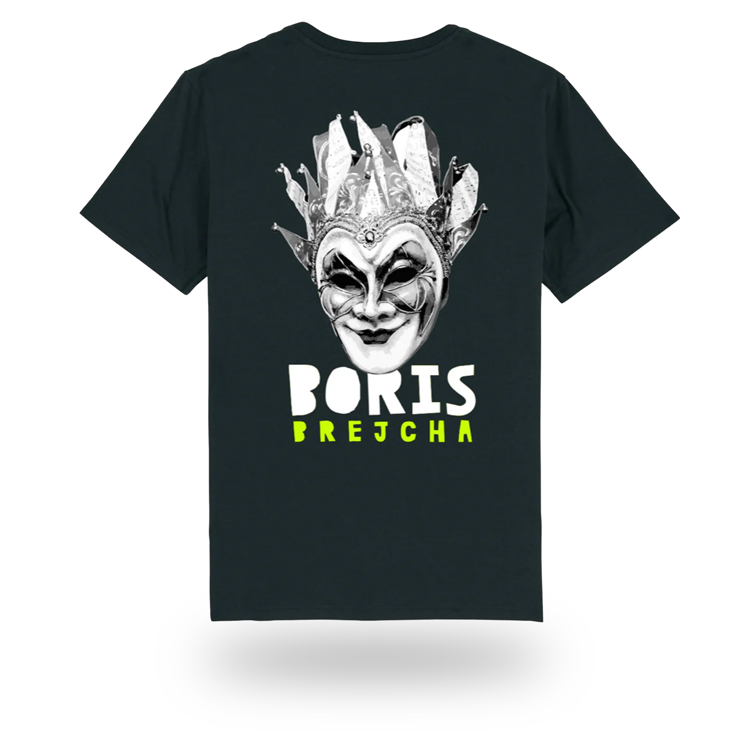 Black T-shirt with a graphic of a sinister clown face wearing a crown made of playing cards. Text reads 'BORIS BREJCHA' with 'BORIS' in white and 'BREJCHA' in bright green.