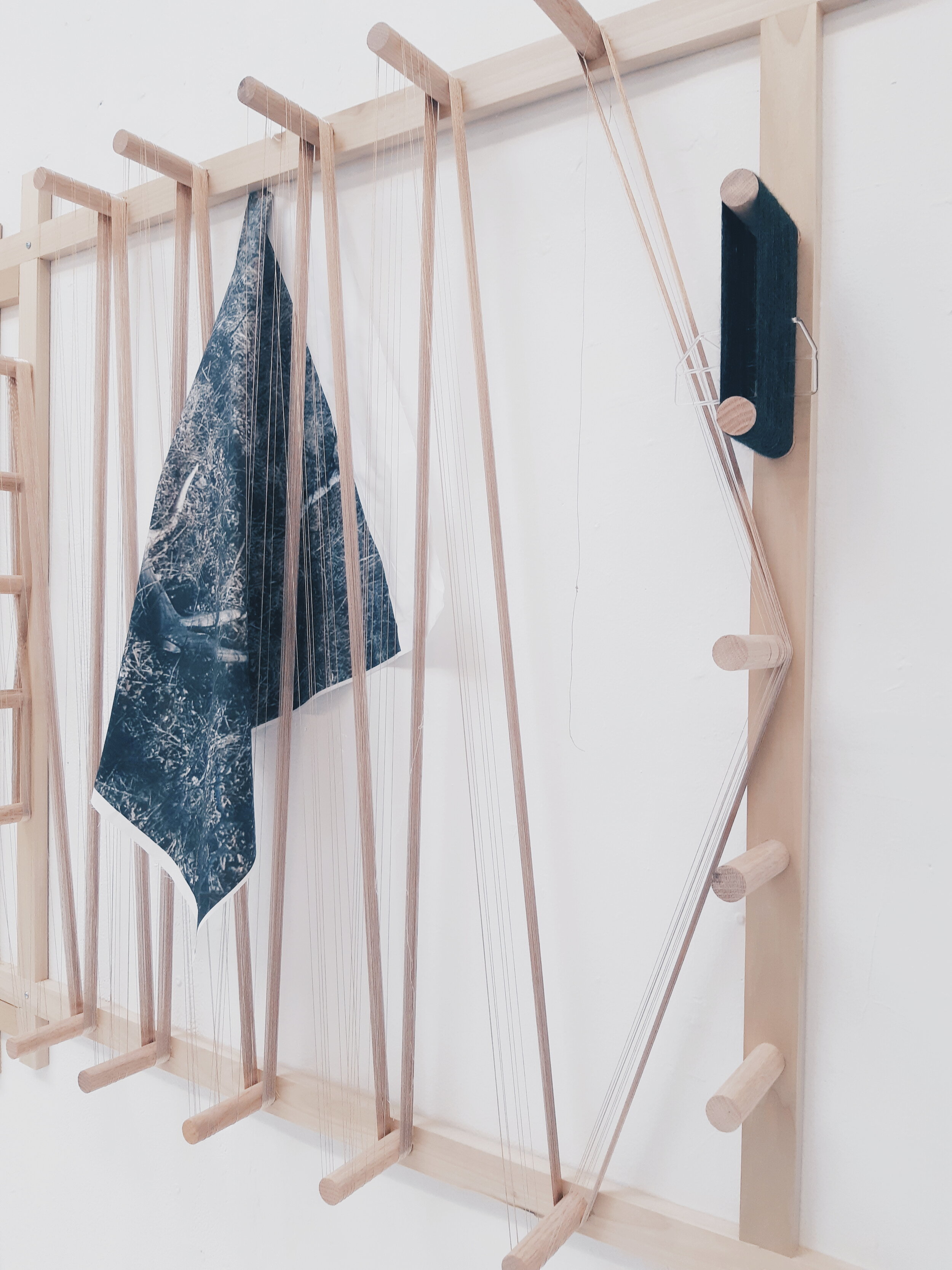 An interval between two points , borosilicate glass, inkjet photo on cotton, wool, wood, 4 x 4’, 2019