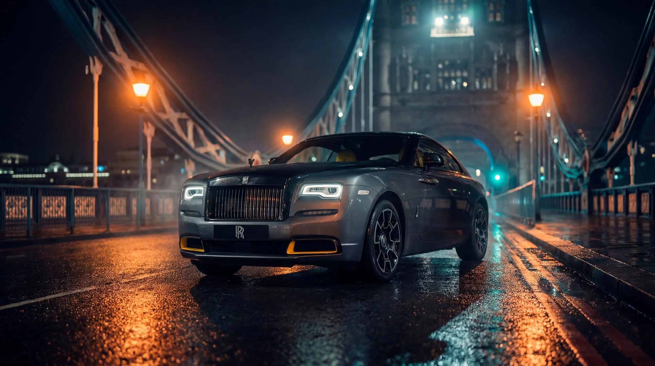 AI cinema character Milana at Tower Bridge London — 
Rolls Royce luxury editorial by Epic Minutes Studio