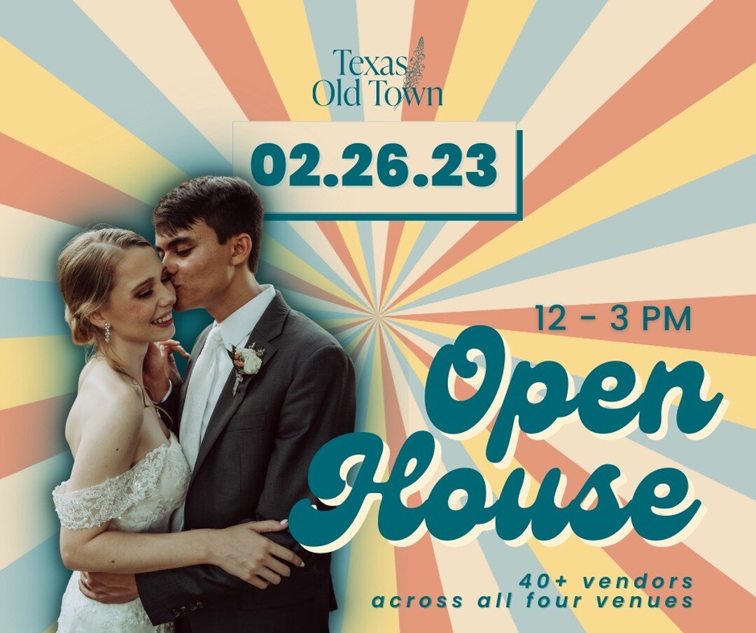Texas Old Town Open House! 

Come see us on February 26, 2023 @texasoldtown from 12:00pm-3:00pm 

Texas Old Town has 4 unique venues in 55 pristine acres of Texas Hill Country and 40+ amazing vendors will be attending.

The venues are: Sage, Redbud, 