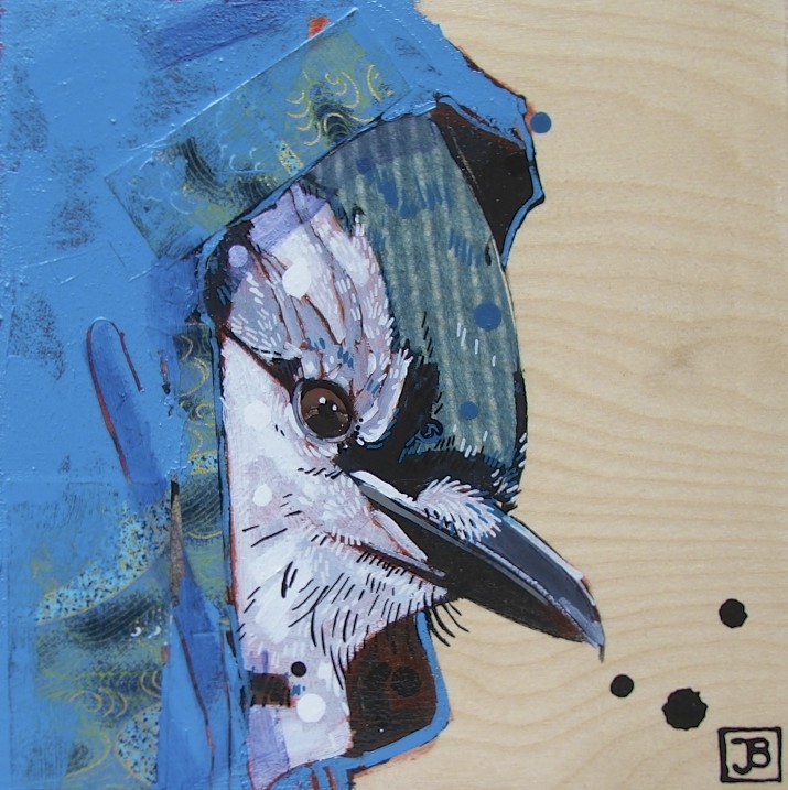 bluejay in a hoodie, mixed media on birch panel, 8x8(in)