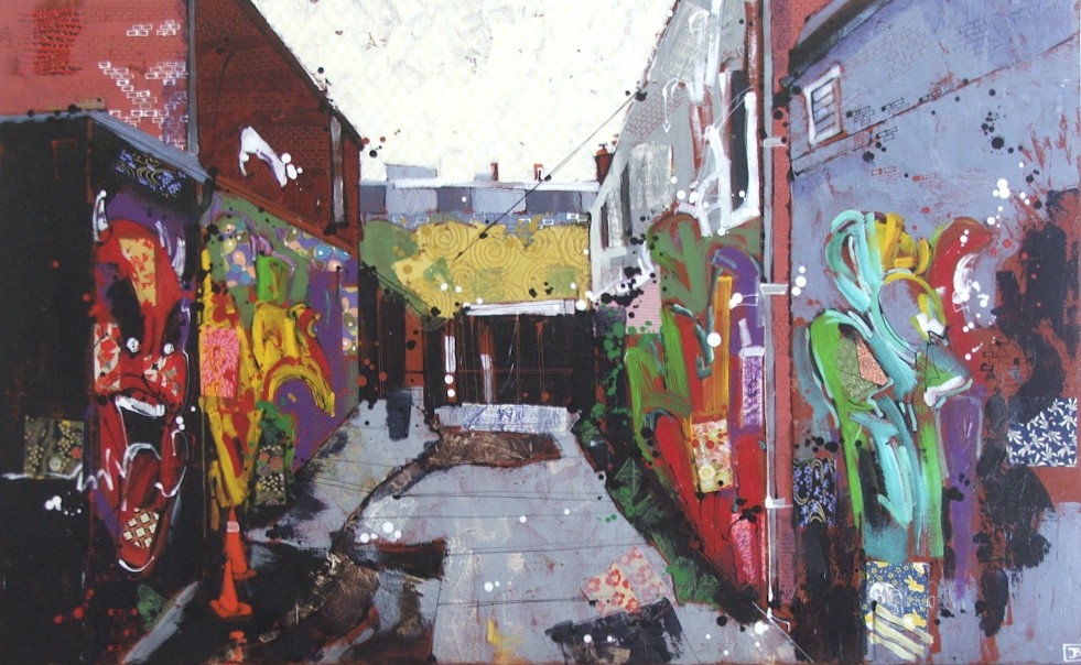 graffiti alley in Kensington Market, TO, mixed media on canvas, 30x48(in)