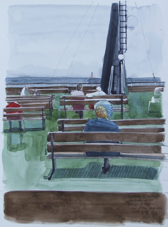 back deck of the Princess of Acadia, with passengers pen, watercolor & pencil crayon on cold pressed paper 12x16(in) $240
