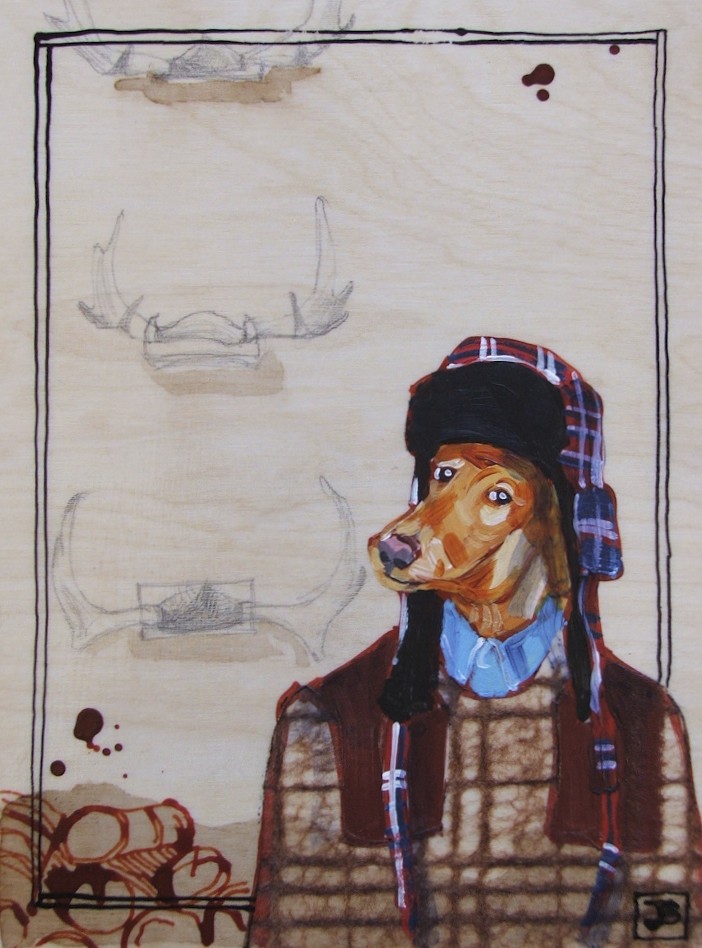 gershwin the hipster trapper, mixed media on birch panel, 8x10 inches