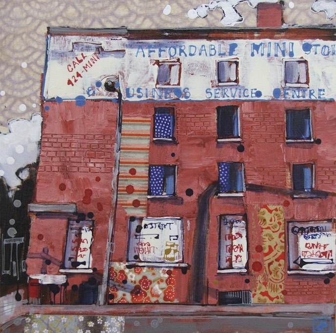 affordable mini storage, mixed media on birch panel, 10x10 (in), commission
