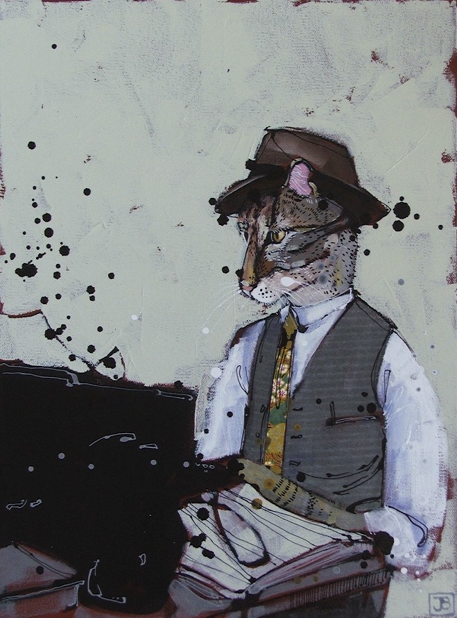 very serious reporter cat, mixed media on canvas, 12x16 (in), commission
