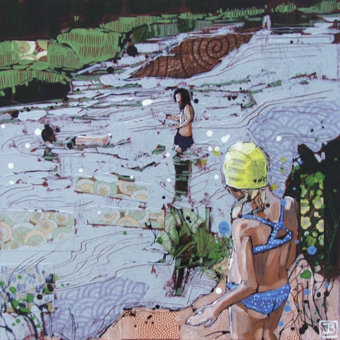 swimmers at the 'Y', Wells BC, mixed media on canvas, 14x14 (in)