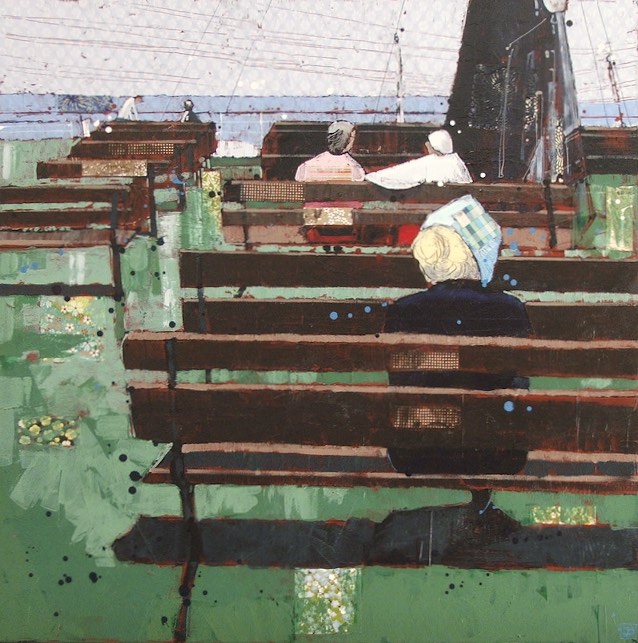 5 passengers aboard the Princess of Acadia, NS, mixed media on canvas, 30x30 (in)