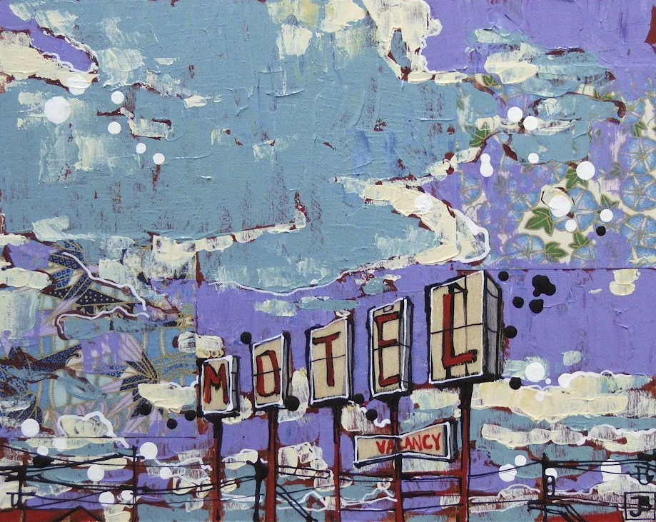 gateway motel I, mixed media on birch panel, 8x10, SOLD, 2013