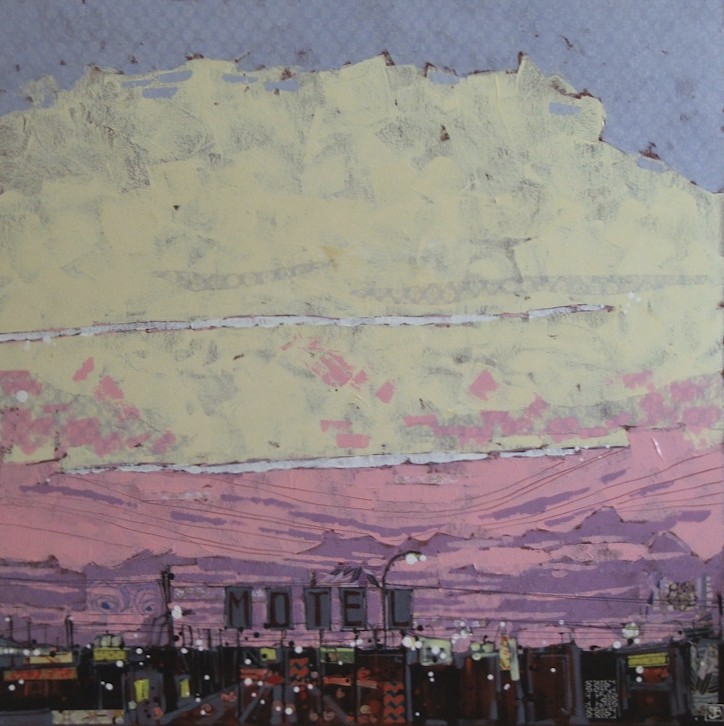 gateway motel sign at sunrise, mixed media on canvas, 30x30, SOLD, 2014