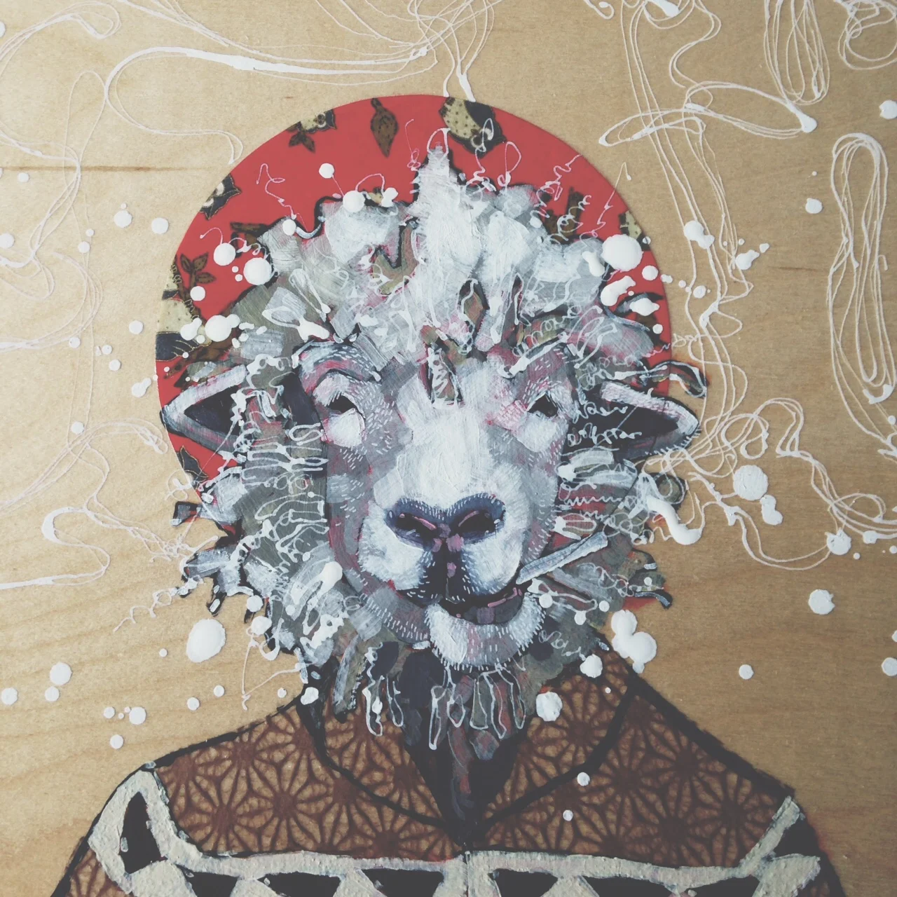 detail of: holy smokes!, mixed media on birch panel, 16x16(in)