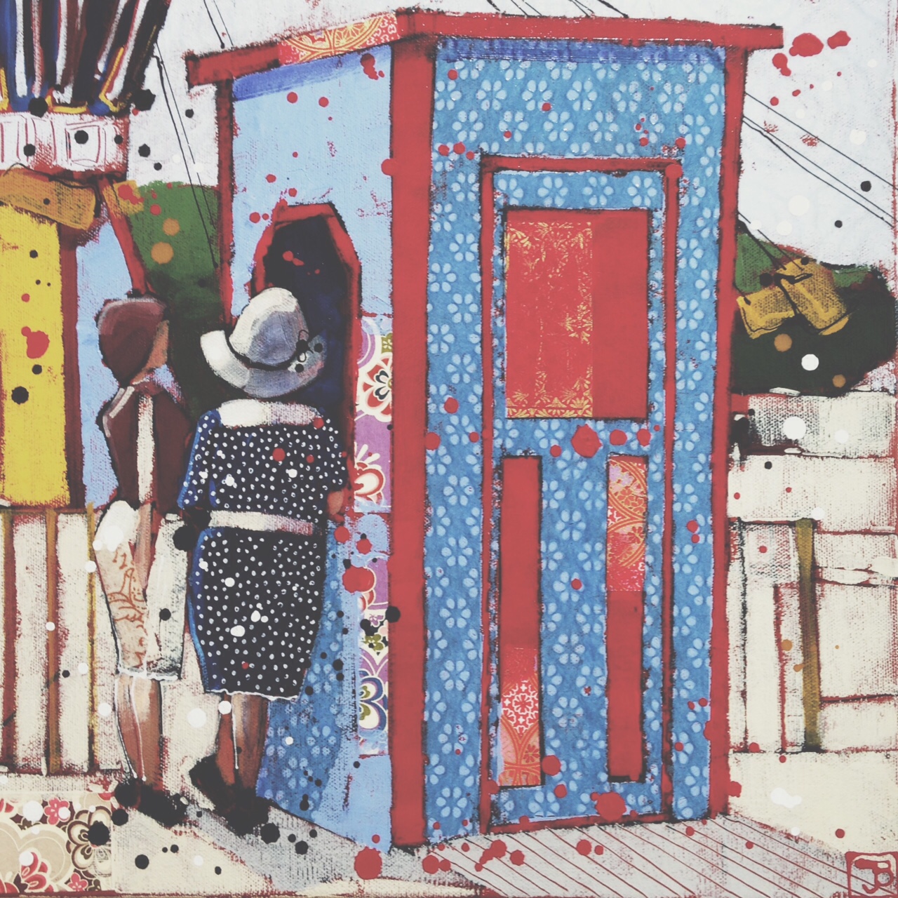 get yer tickets!, mixed media on canvas, 14x14 (in)