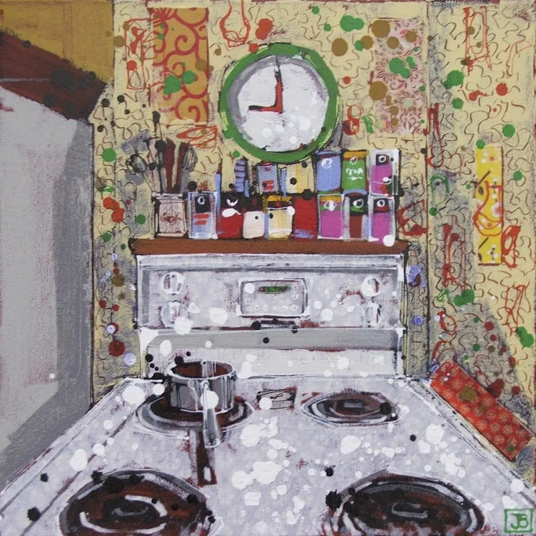 tea time at Margie's (TO), mixed media on canvas, 14" x 14", $300