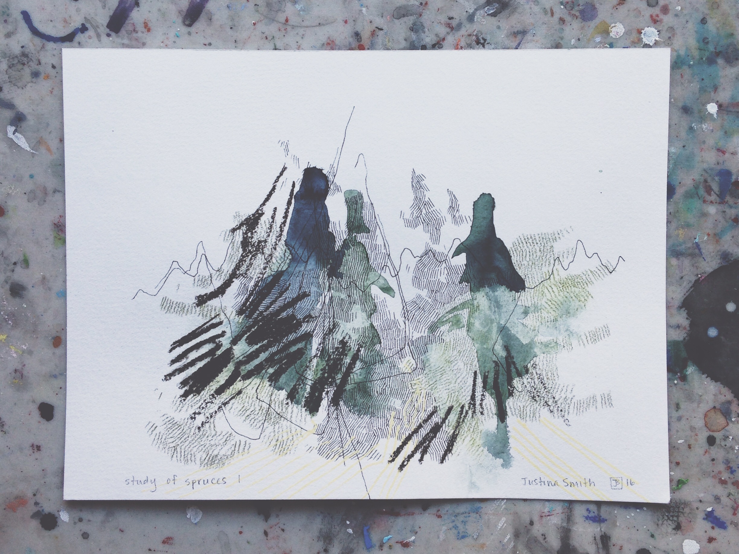 study of spruces I, mixed media on paper, 9x12, $65 + tax