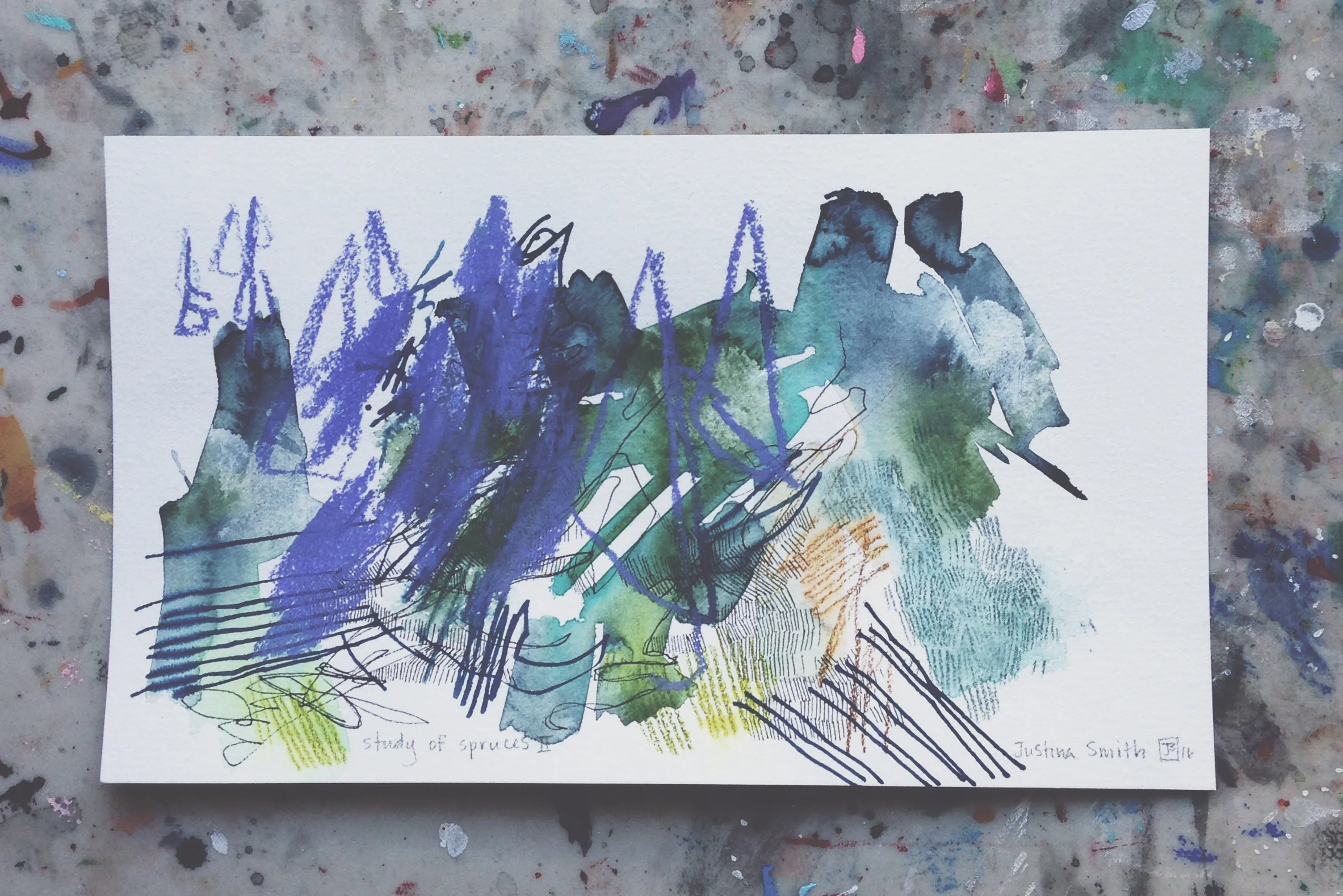study of spruces II, mixed media on paper, 7x12, $50 + tax