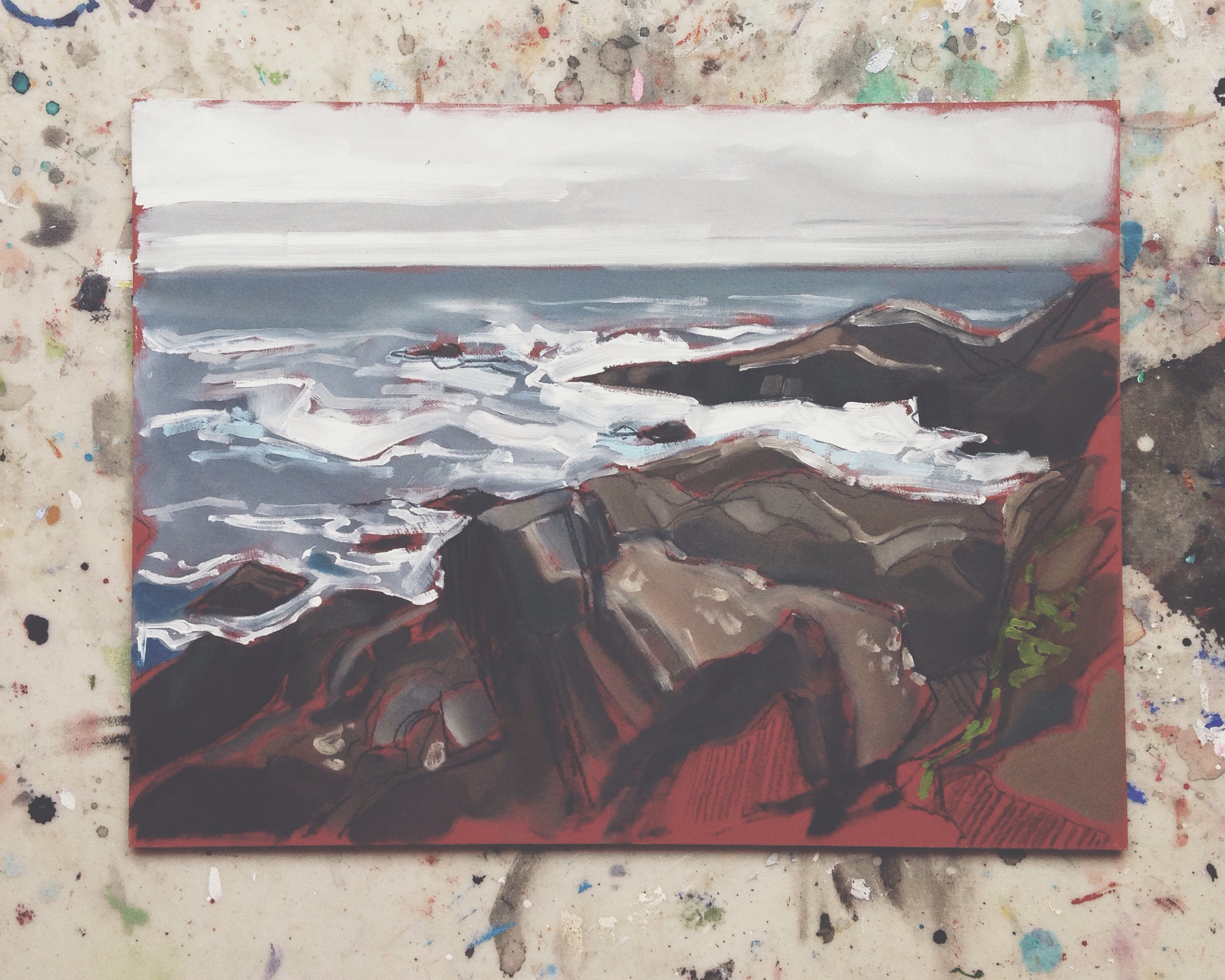 near amphritrite point, ucluelet, charcoal & oil on masonite, 9x12, 2016