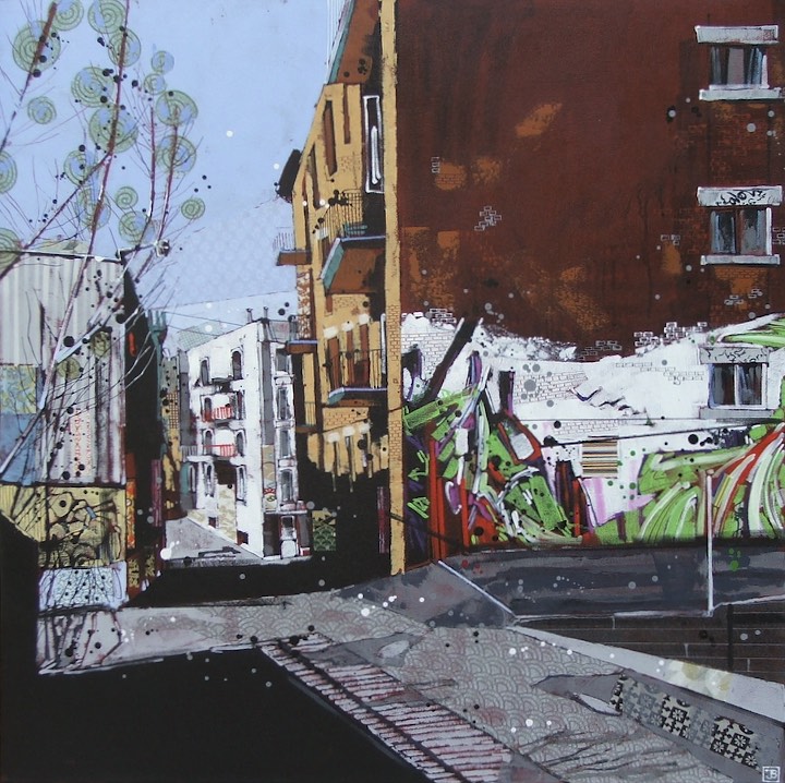 Montreal alleyway #1, mixed media on canvas, 36x36, $1950 + tax, 2016
